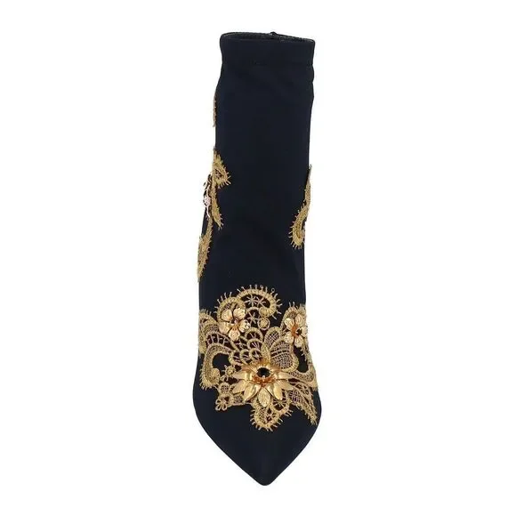 DOLCE & GABBANA Lori 100 Baroque Embroidery Lace Stretch Sock Boot Black Gold 36 - Picture 4 of 8